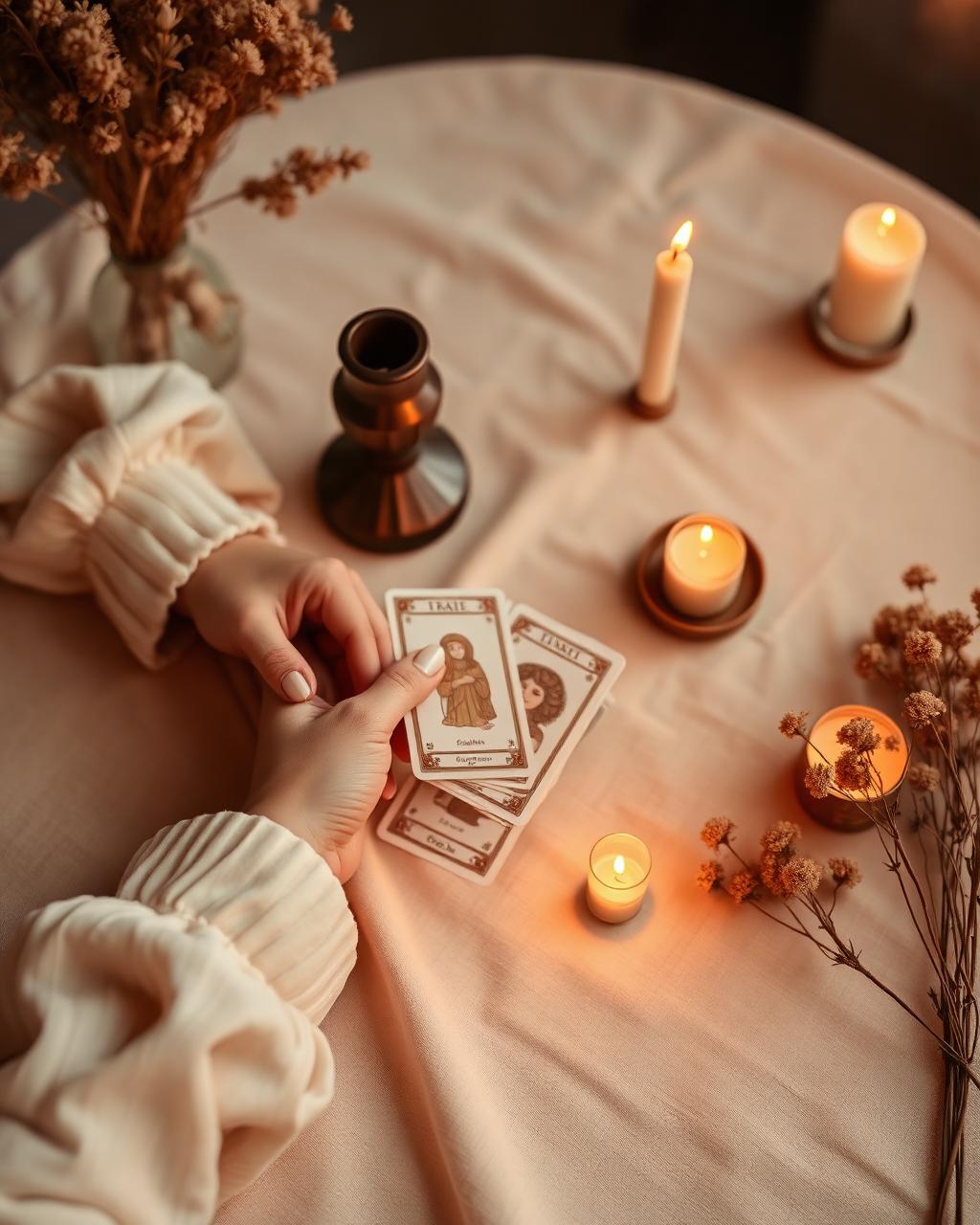 Mains tenant des cartes de tarot dans une ambiance chaleureuse