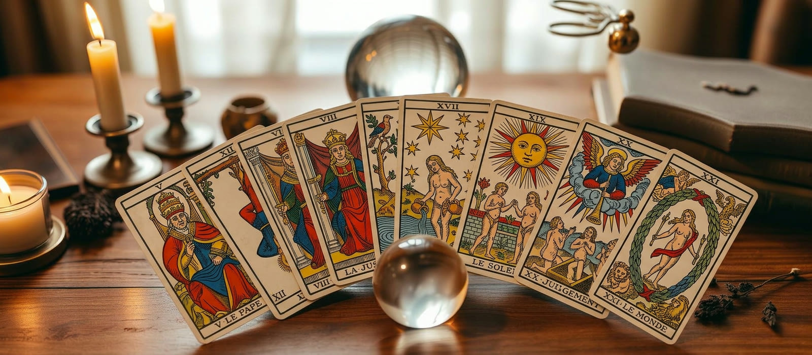 Cartes du Tarot de Marseille, boule de cristal et bougies dorées — Alexandre Michael