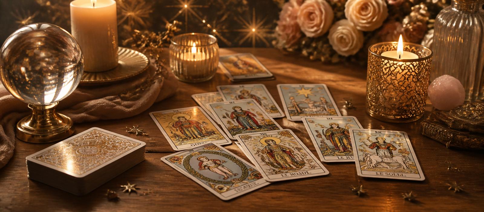 Table en bois avec un tarot de Marseille, une boule de cristal et des bougies dorées